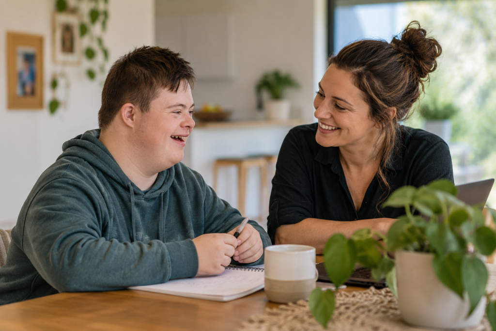 Participant and support person talking together at a kitchen table
